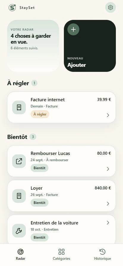 Capture réelle StaySet : Radar et rappels à régler ou à venir.